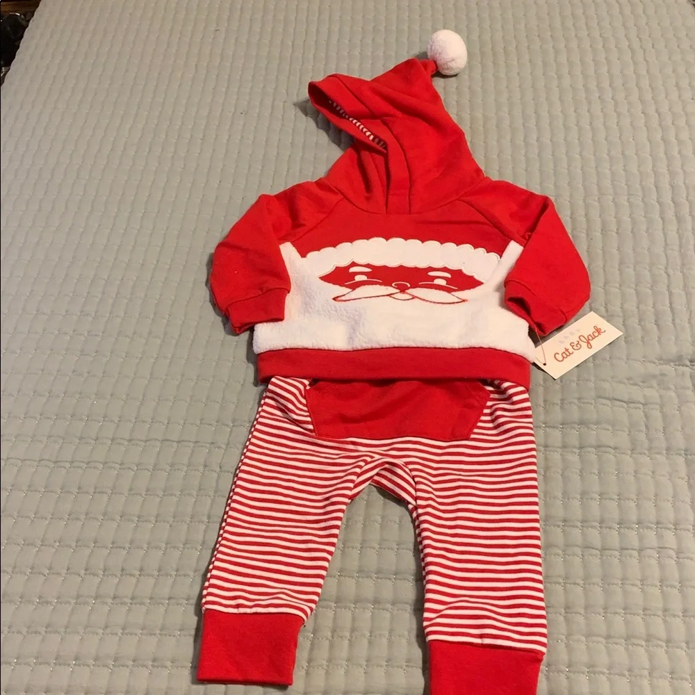 Cat & Jack Santa Baby 2-Pc Outfit Size 6-9 Mo NEW Striped pants & Santa hoodie